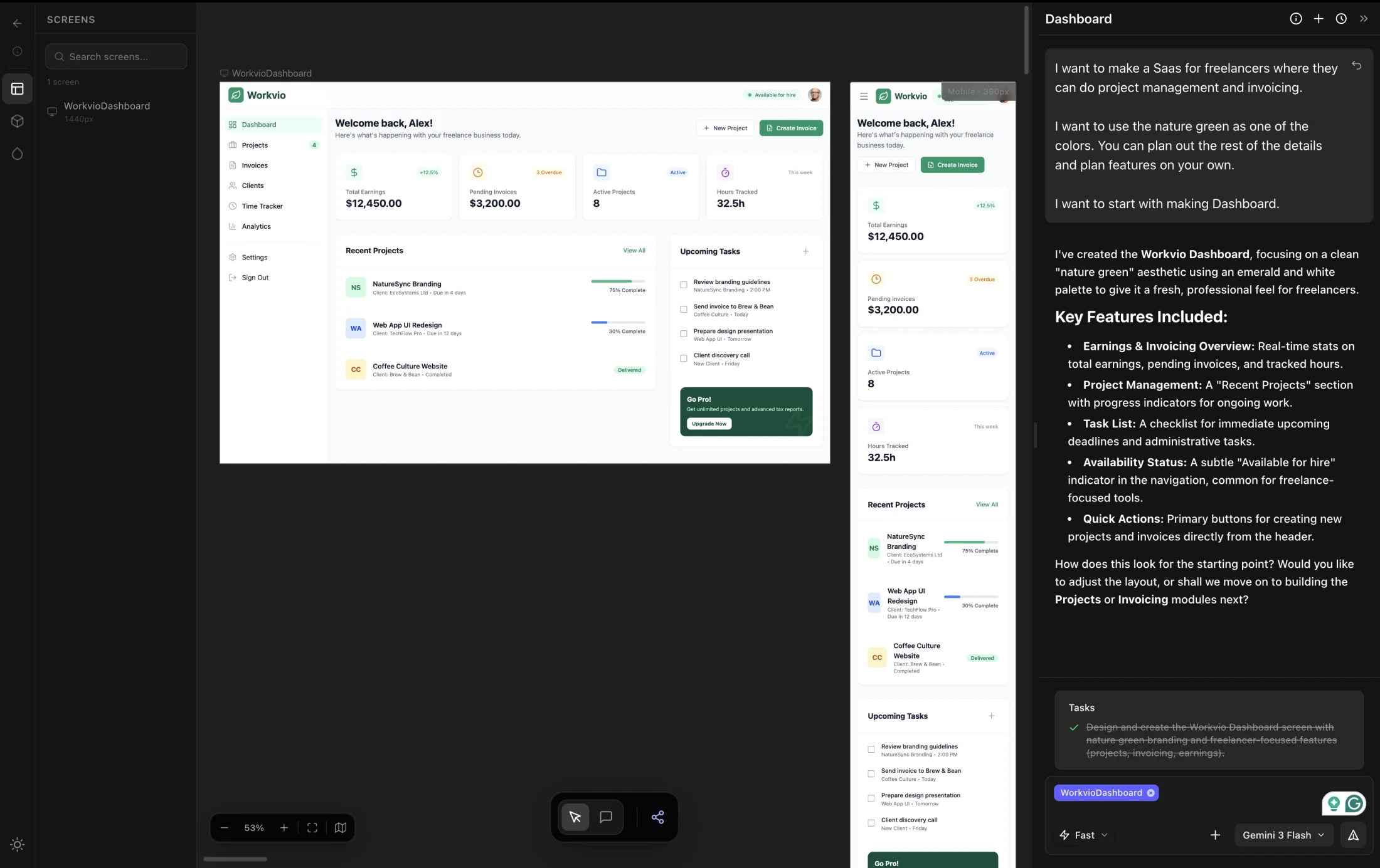 dMaya AI design agent canvas generating responsive multi-screen product interfaces